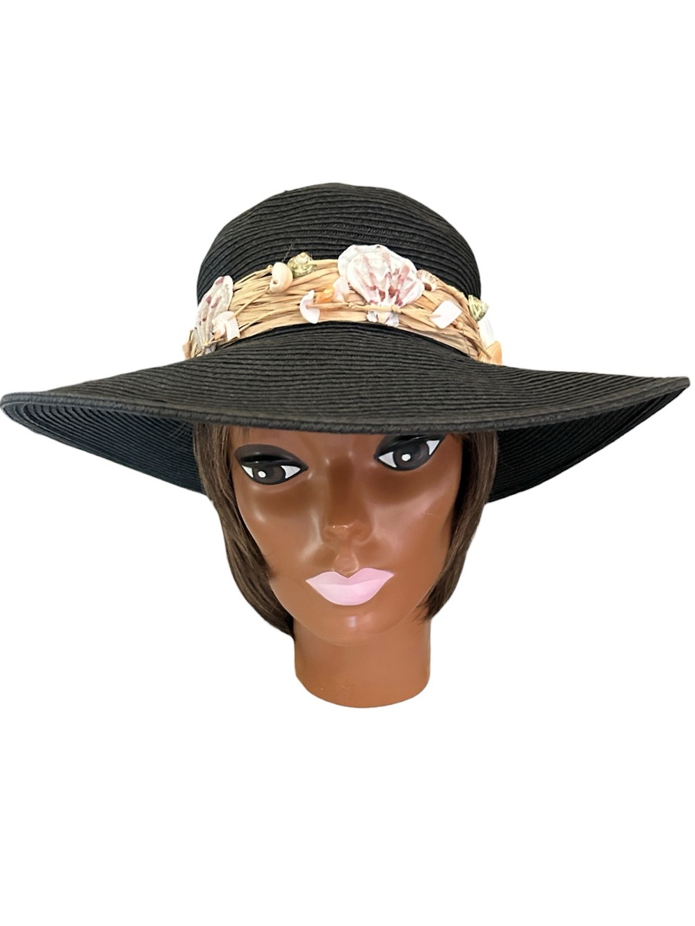 Resort Style Black Paper Straw Sun Hat with Sea Shell Accents